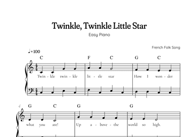 Twinkle, Twinkle Little Star • Easy piano music sheet in PDF with chords (arr. Benzaiten Editions)