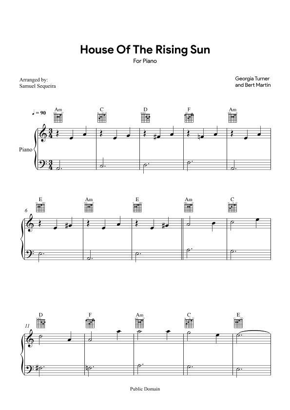House of the Rising Sun - for easy Piano - with Chords (arr. Samuel Sequeira)