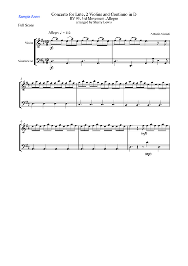 CONCERTO FOR LUTE, 2 VIOLINS AND CONTINUO IN D, RV 93, 3RD MOV, ALLEGRO FOR STRING DUO (arr. Sherry Lewis)
