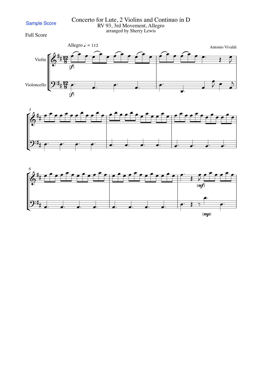 CONCERTO FOR LUTE, 2 VIOLINS AND CONTINUO IN D, RV 93, 3RD MOV, ALLEGRO FOR STRING DUO (arr. Sherry Lewis)