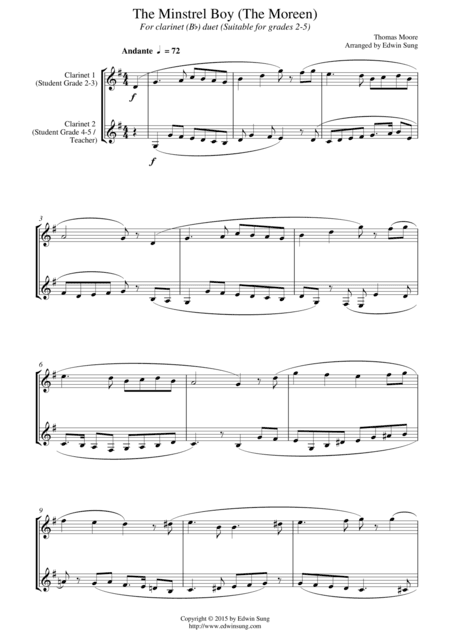 The Minstrel Boy (The Moreen) (for clarinet (Bb) duet, suitable for grades 2-5) (arr. Edwin Sung)