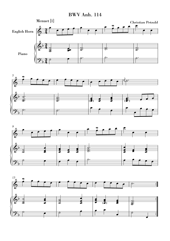 Bach - Minuet in G major and G minor (BWV Anh. 114 - 115) for English Horn and Piano (arr. Ahiva Editions)