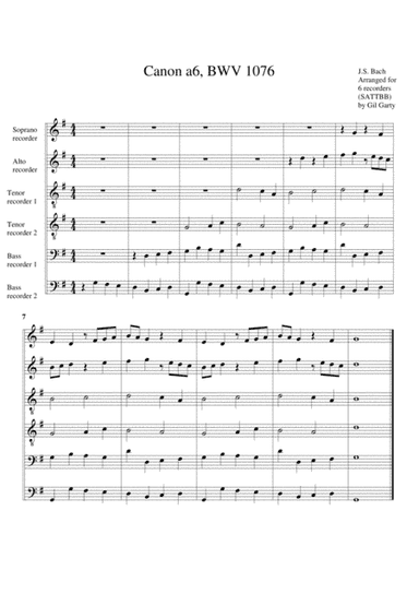 Canon a6, BWV 1076 (arrangement for 6 recorders) (arr. Gil Garty)