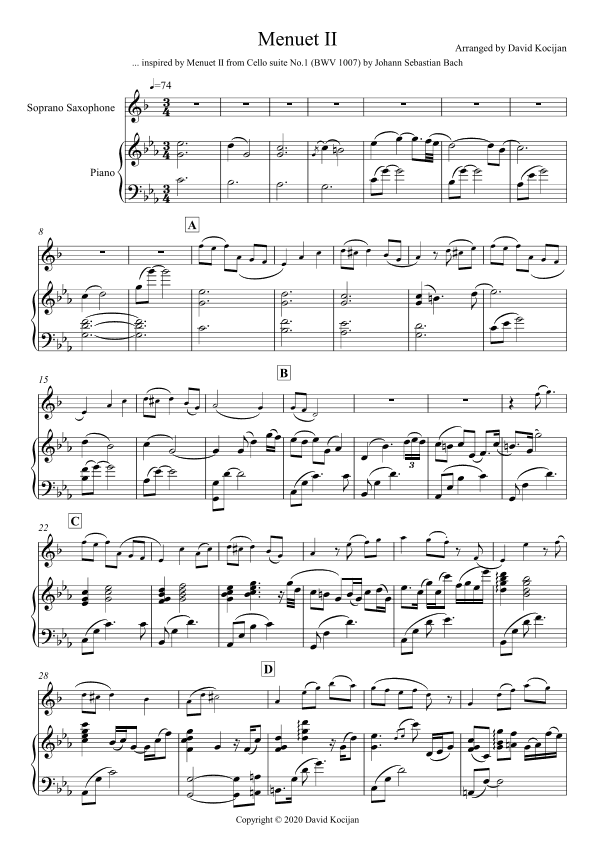 Menuet II - EASY (soprano sax & piano) (arr. David Kocijan)
