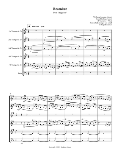 Recordare (from "Requiem") (F) (Brass Sextet - 5 Trp, 1 Tuba) (arr. Regis Bookshar)