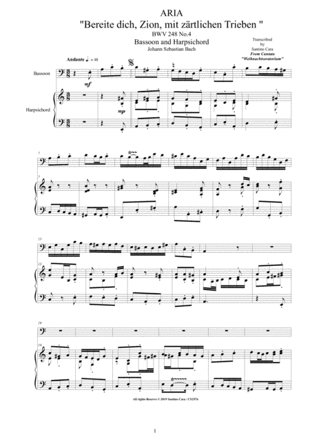 Bach - Aria (Bereite dich, Zion) BWV 248 No.4 for Bassoon and Harpsichord (arr. Santino Cara)