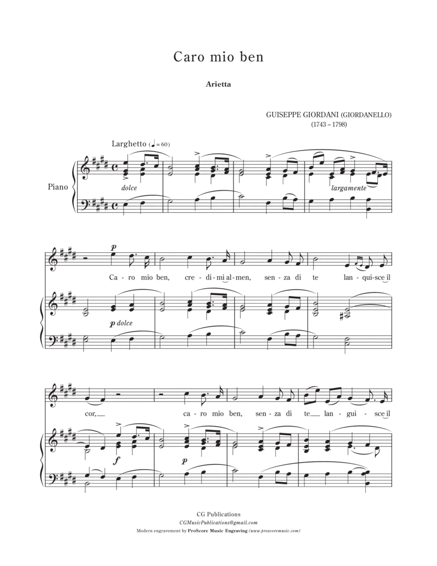 Caro mio ben (Aria antica) – High Voice (E) (arr. CG Publications)