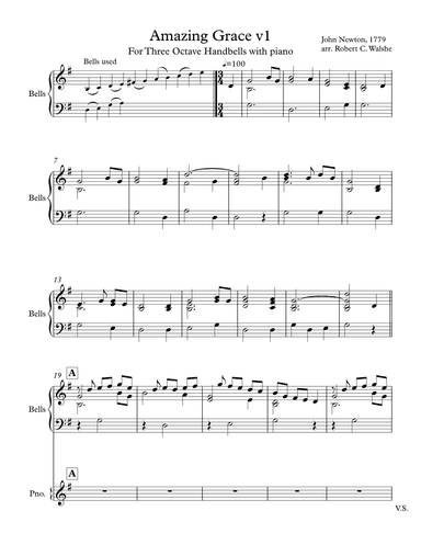 Amazing Grace  5 or 6 ringers- 3 Octave Bells  (TL) and Piano (Version 1) (arr. Robert C Walshe (rcwalshe@gmail.com))