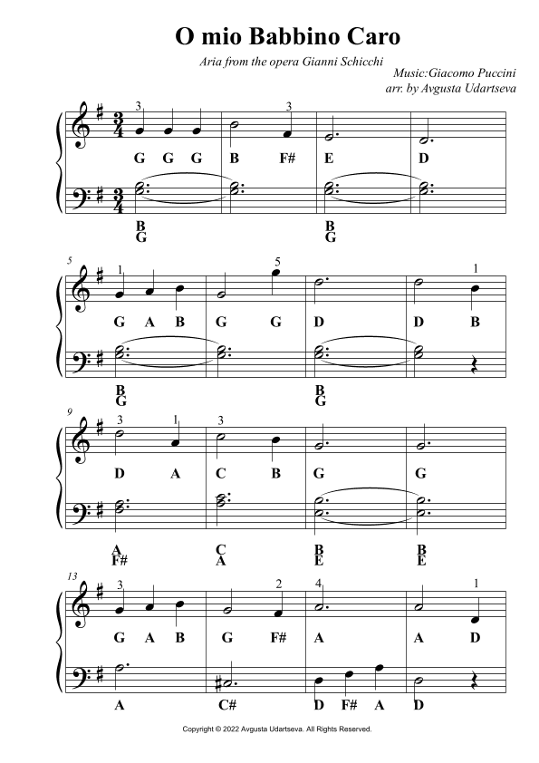 O mio Babbino Caro - Easy Piano (arr. Avgusta Udartseva)
