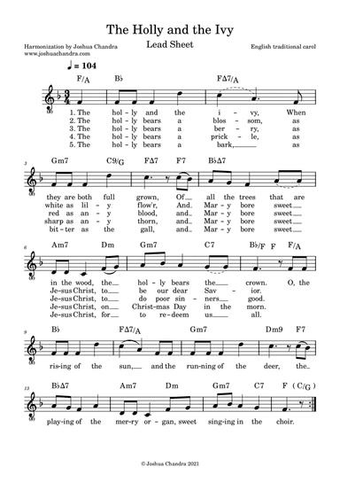 The Holly and the Ivy (Lead Sheet) (arr. Joshua Chandra)