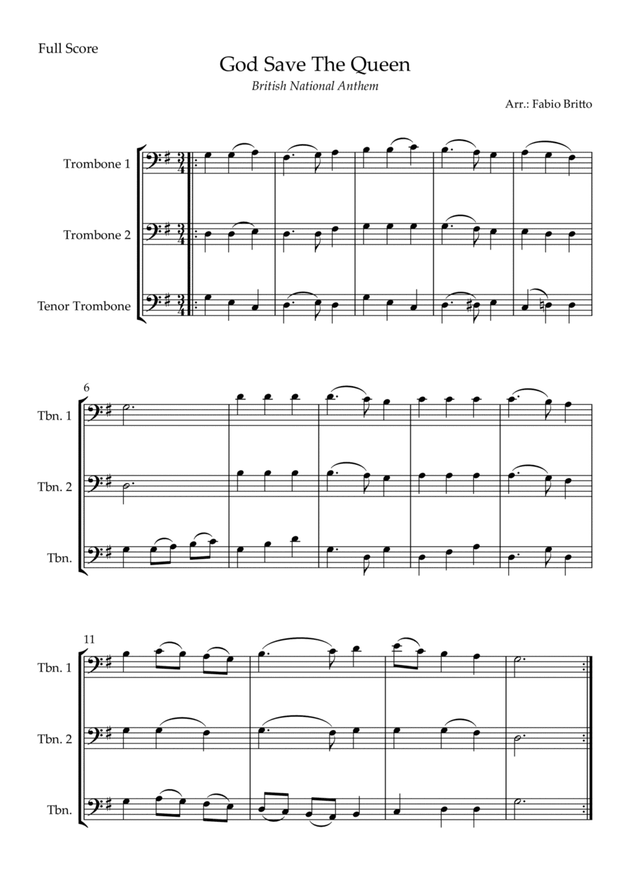 God Save The Queen (British National Anthem) for Trombone Trio (arr. Fabio Britto)