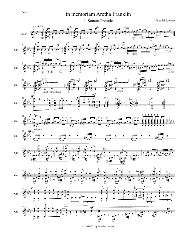 in memoriam Aretha Franklin: a sonata-prelude and fugue in C minor for solo guitar