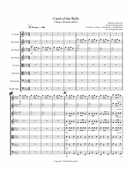 Carol of the Bells (F min) (String Octet - 4 Violin, 2 Viola, 1 Cello, 1 Bass) (arr. Regis Bookshar)