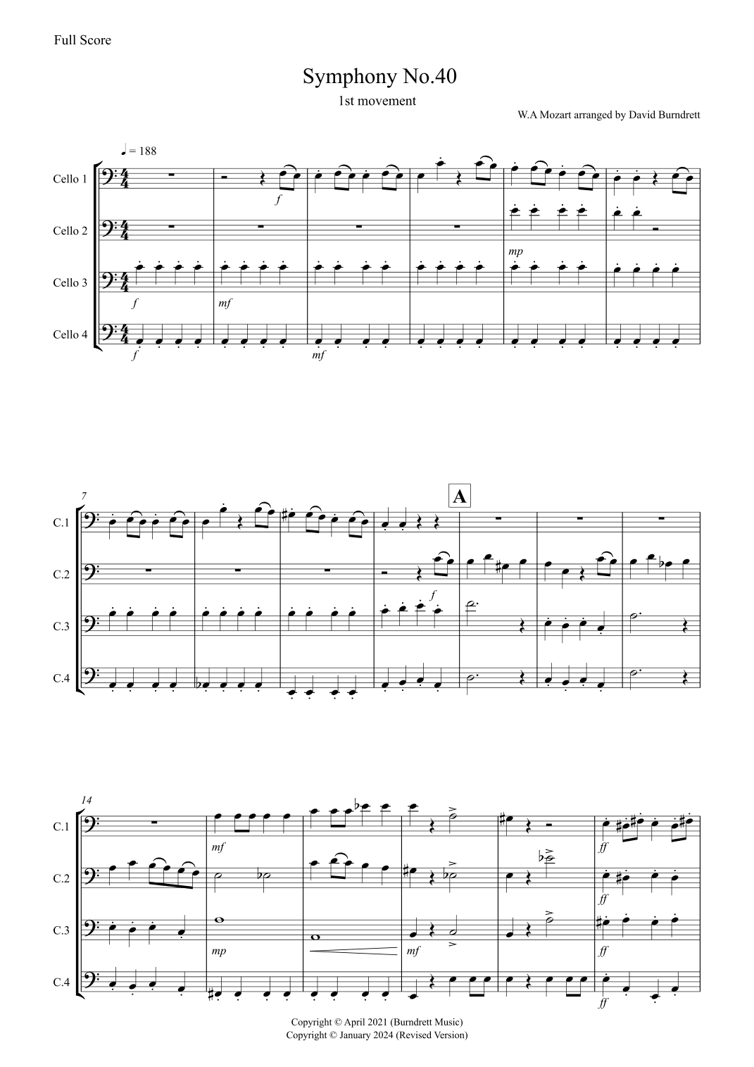 Symphony No.40 (1st movement) for Cello Quartet (arr. David Burndrett)