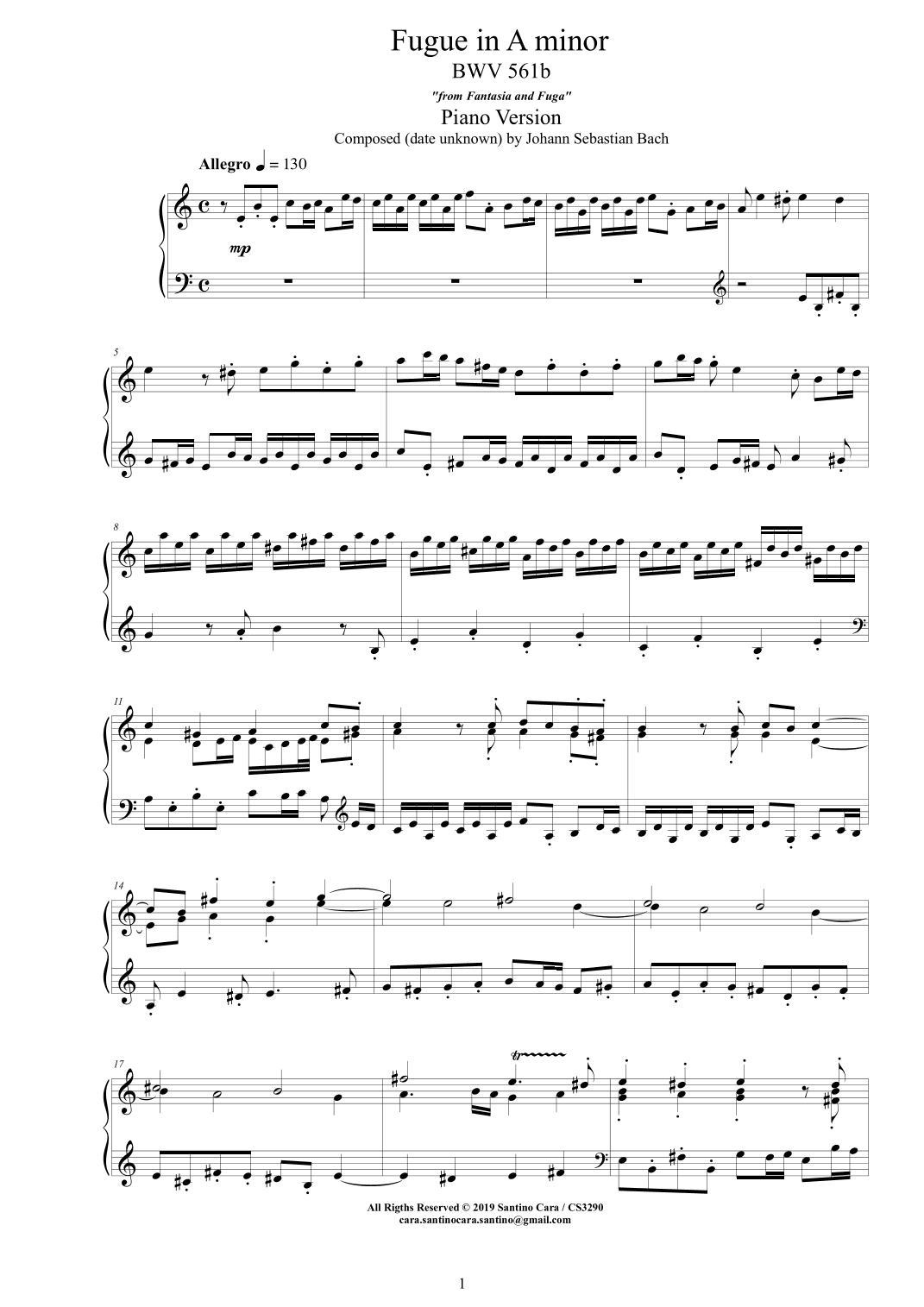 Bach - Fugue in A minor BWV 561b - Piano version (arr. Santino Cara)