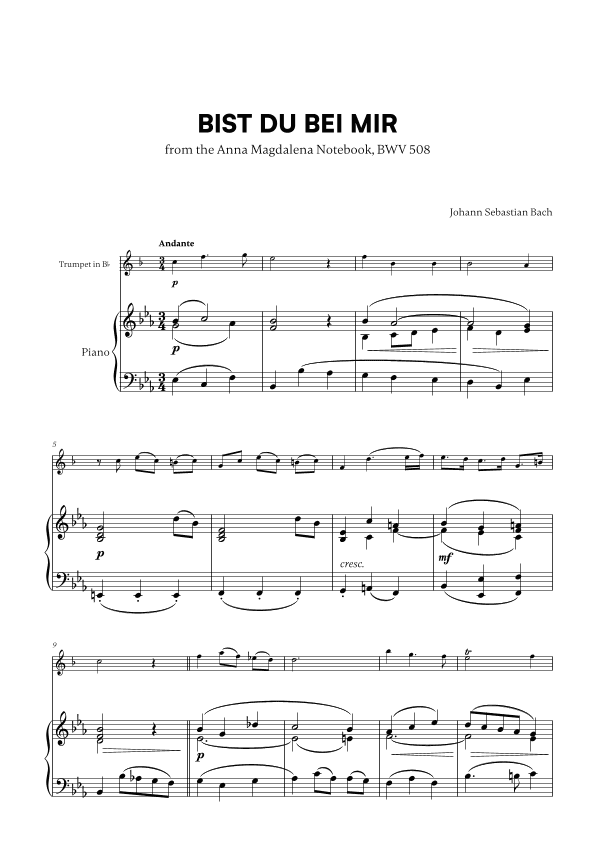 Bist du bei Mir (BWV 508) (for Trumpet and Piano) (arr. Cadenza Editions)