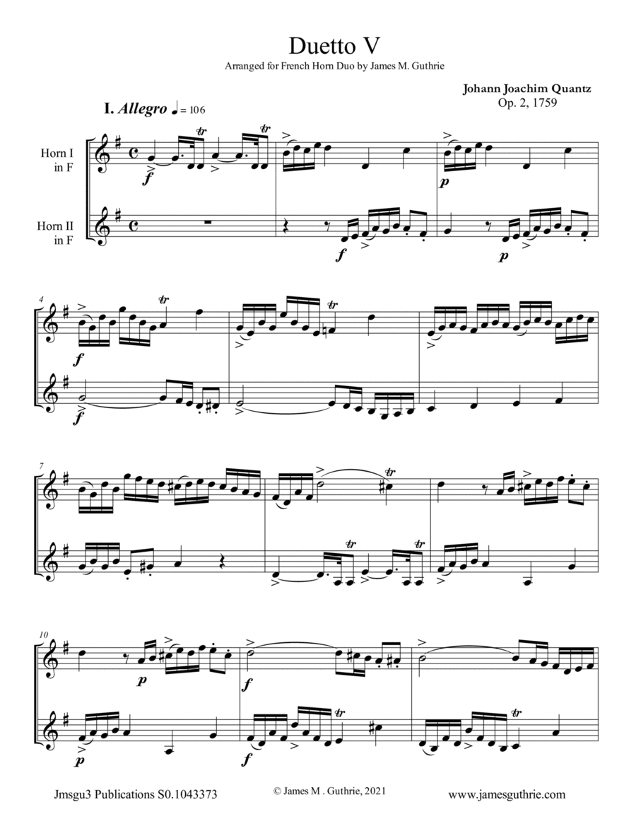 Quantz: Duetto Op. 2 No. 5 for French Horn Duo (arr. James M. Guthrie)