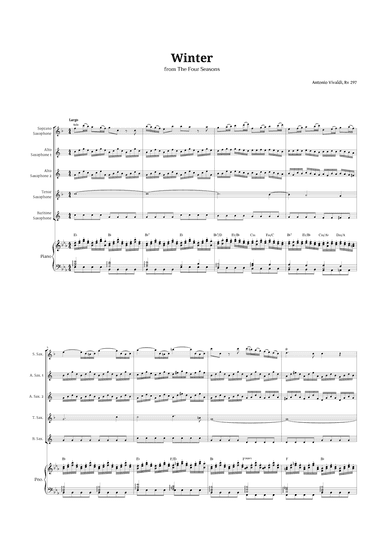 Largo from Winter by Vivaldi for Sax Quintet and Piano with Chords (arr. Langanho)