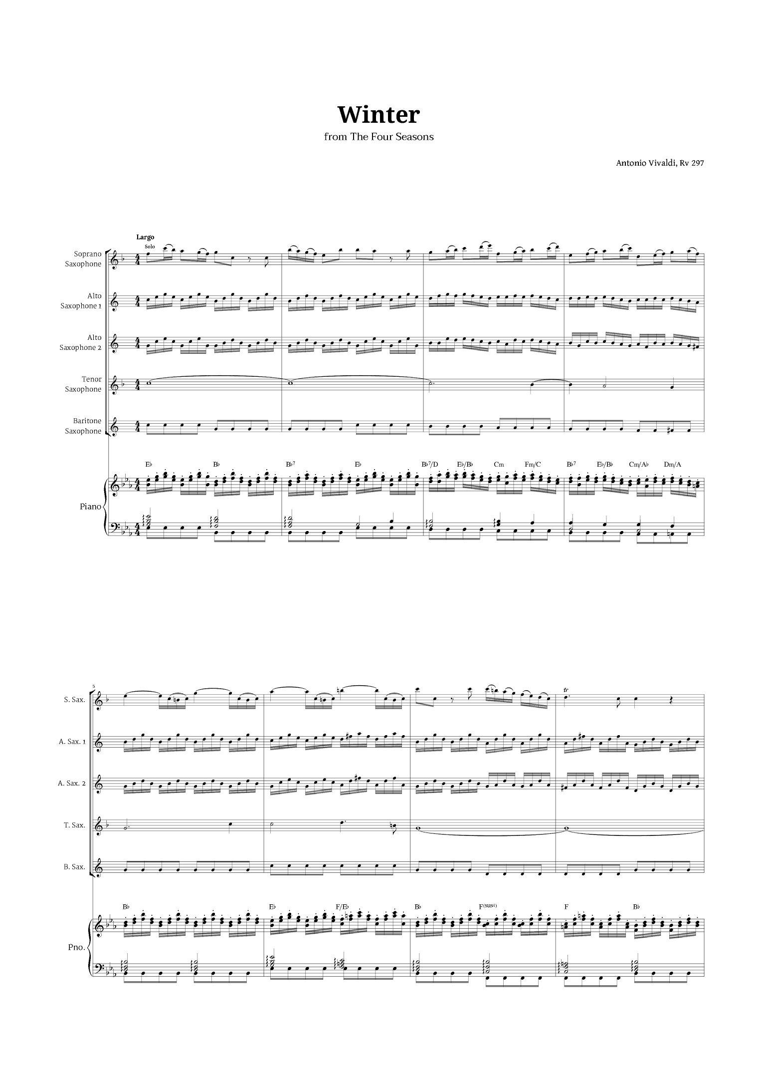 Largo from Winter by Vivaldi for Sax Quintet and Piano with Chords (arr. Langanho)