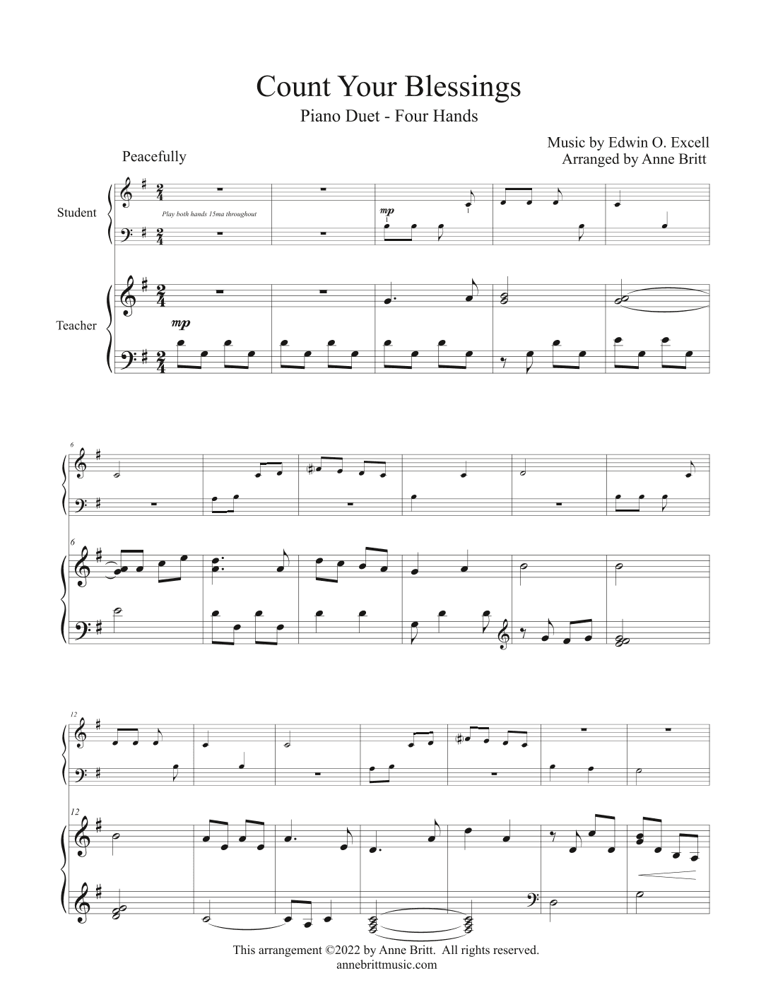 Count Your Blessings (elementary student/teacher piano duet) (arr. Anne Britt)