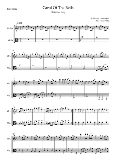 Carol Of The Bells (Christmas Song) for Violin & Viola Duo (D Minor) (arr. Fabio Britto)