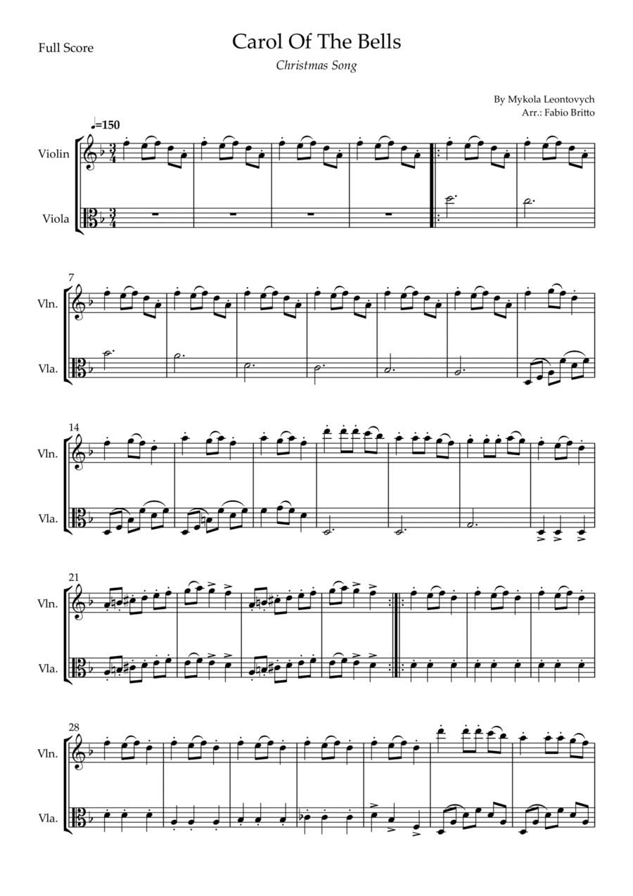 Carol Of The Bells (Christmas Song) for Violin & Viola Duo (D Minor) (arr. Fabio Britto)