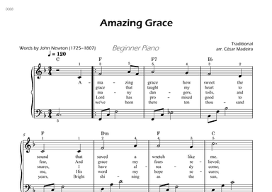 Amazing Grace - Easy Piano - W/Chords and Lyrics (Full Score) (arr. César Madeira)