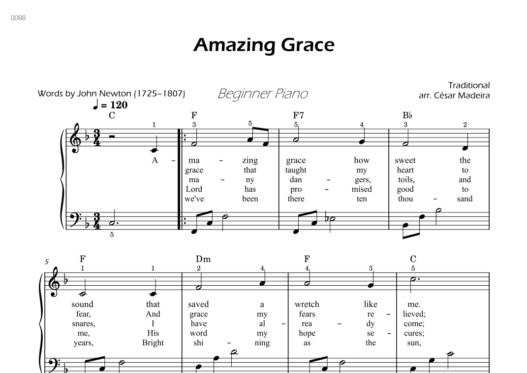 Amazing Grace - Easy Piano - W/Chords and Lyrics (Full Score) (arr. César Madeira)