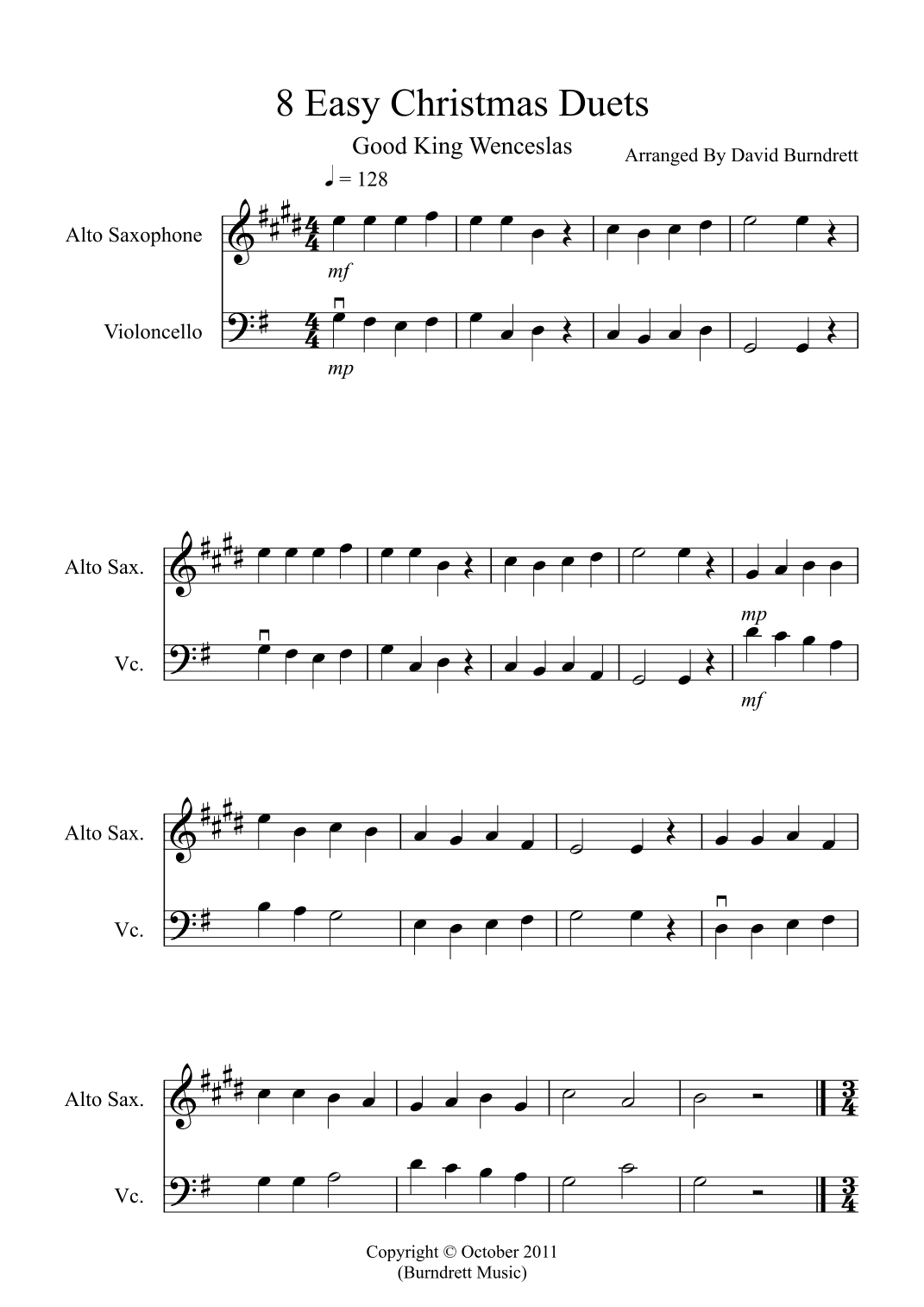 8 Easy Christmas Duets for Alto Saxophone and Cello (arr. David Burndrett)
