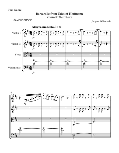 BARCAROLLE from Tales From Hoffmann, String Quartet, Intermediate Level for 2 violins, viola and cel (arr. Sherry Lewis)