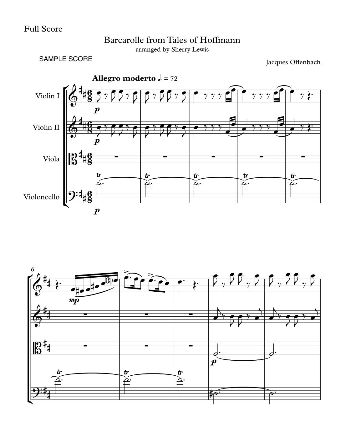 BARCAROLLE from Tales From Hoffmann, String Quartet, Intermediate Level for 2 violins, viola and cel (arr. Sherry Lewis)