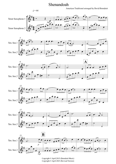 Shenandoah for Tenor Saxophone Duet (arr. David Burndrett)