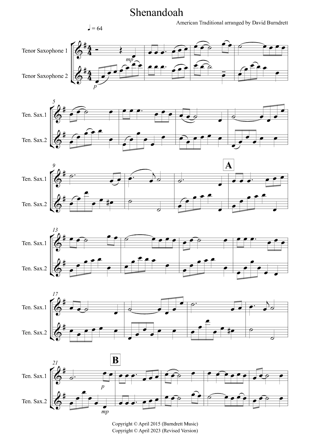 Shenandoah for Tenor Saxophone Duet (arr. David Burndrett)