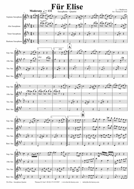 For Elise - Ludwig van Beethoven - Saxophone Quartet (arr. Thomas H. Graf)