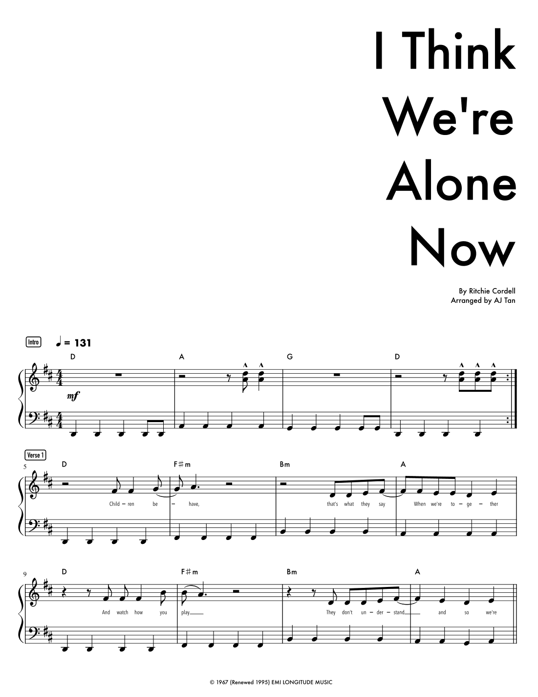 I Think We're Alone Now (arr. AJ Tan)
