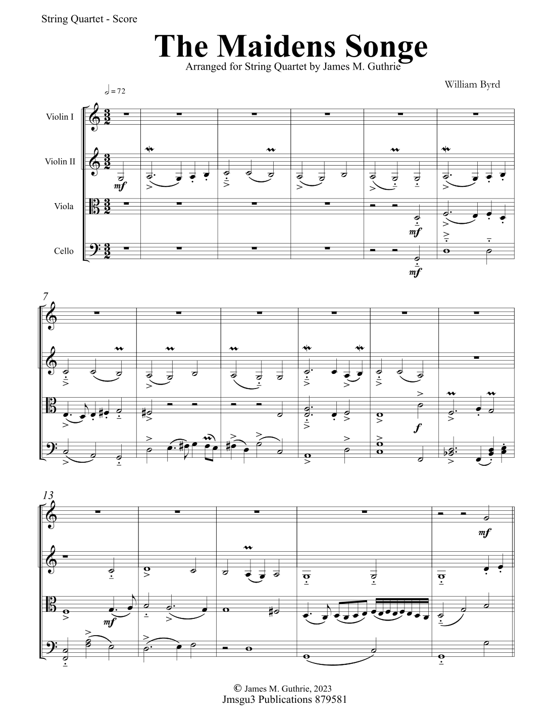 Byrd: The Maidens Songe for String Quartet (arr. James M. Guthrie)