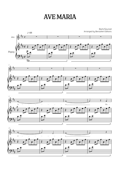 Bach / Gounod Ave Maria in D major • contralto sheet music with piano accompaniment (arr. Benzaiten Editions)