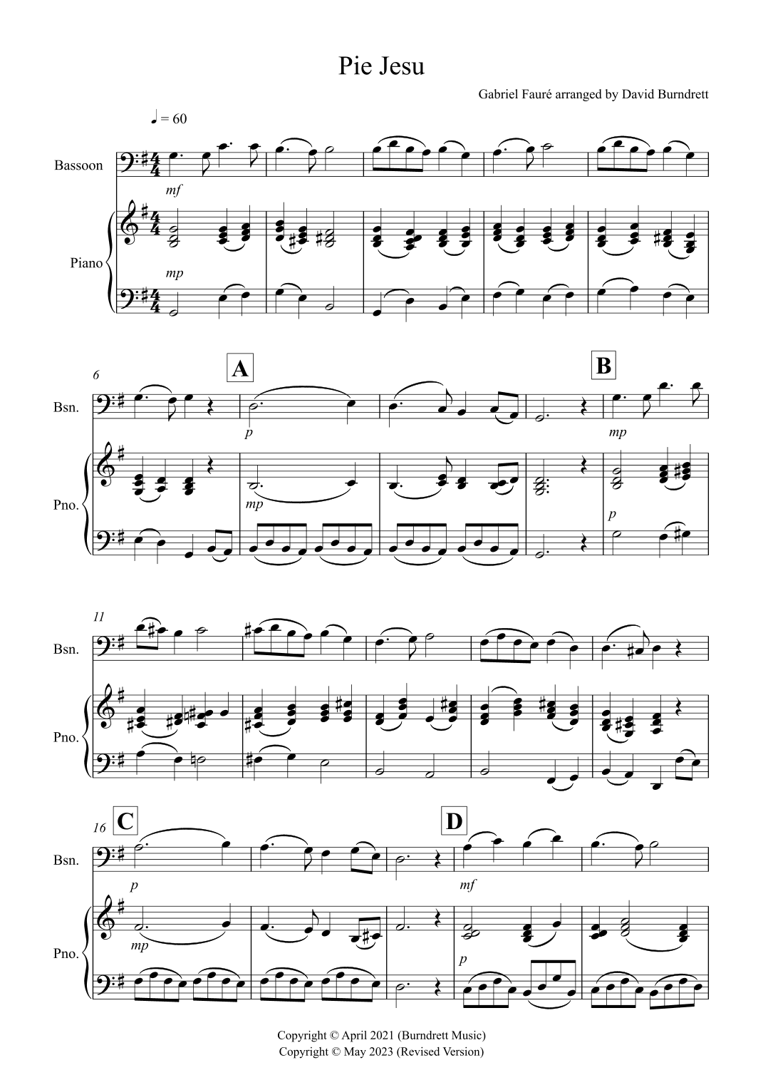 Pie Jesu (from Requiem) for Bassoon and Piano (arr. David Burndrett)