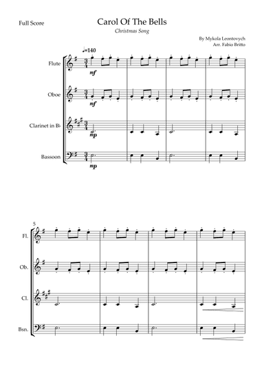 Carol Of The Bells (Christmas Song) for Woodwind Quartet (arr. Fabio Britto)