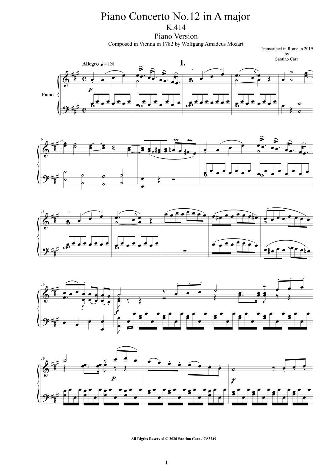 Mozart - Piano Concerto No.12 in A major K.414 - Piano Version (arr. Santino Cara)