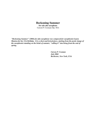 Carson Cooman: "Beckoning Summer" (2004) for alto saxophone