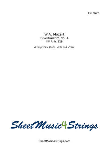 Mozart, W.A. - Divertimento No. 4, KV. 229 for Violin, Viola and Cello - Score Only (arr. SheetMusic4Strings)