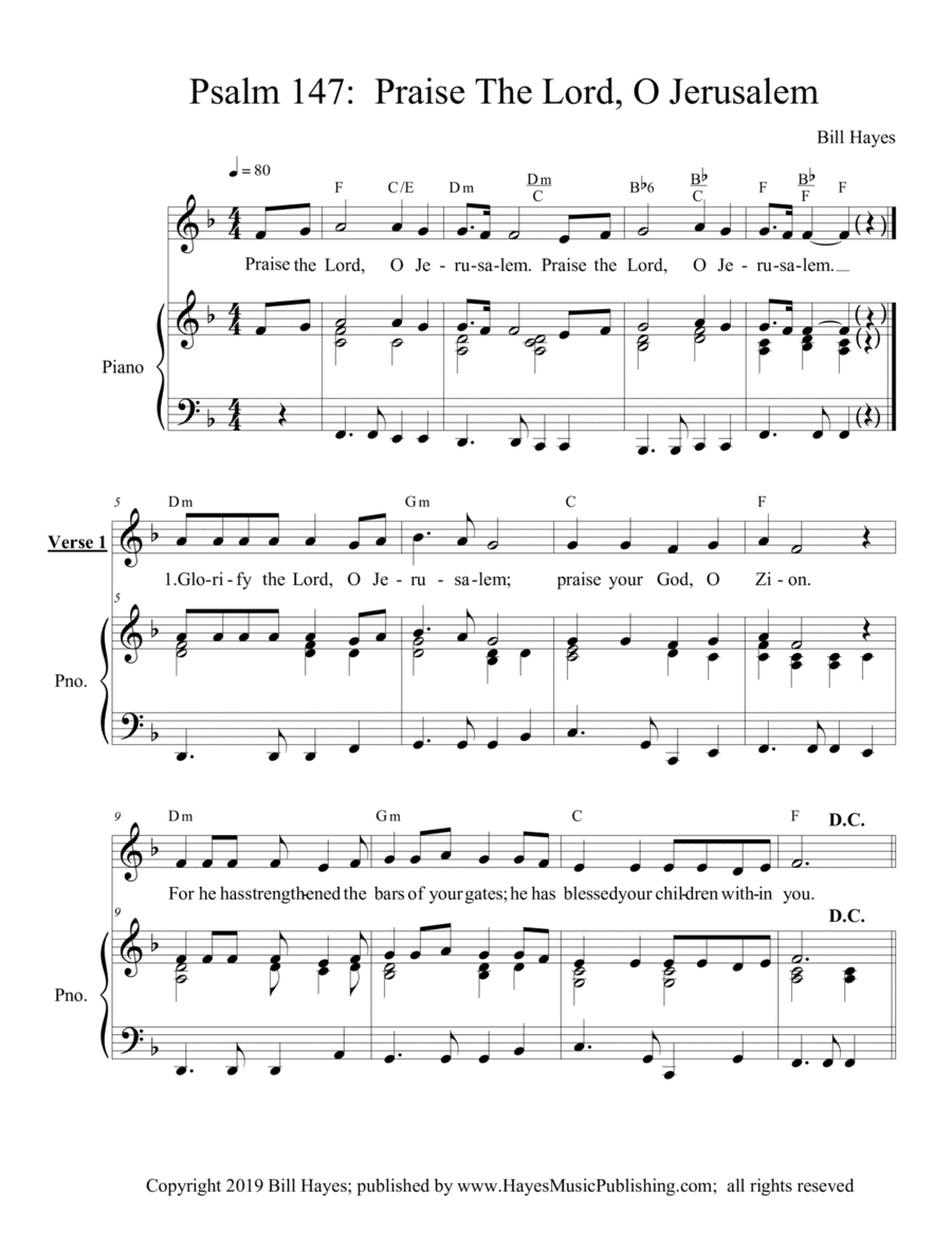 Psalm 146:  Praise The Lord, O Jerusalem (piano/vocal)