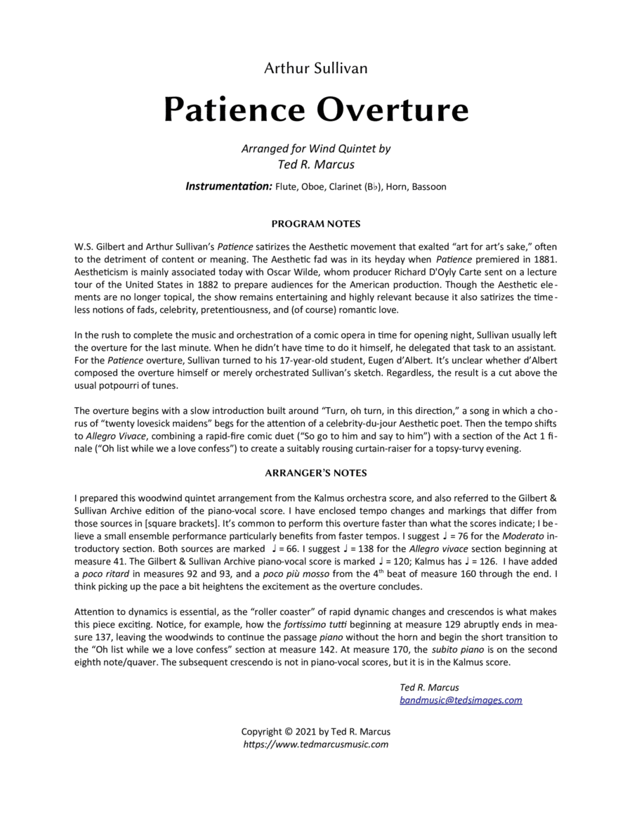 Patience Overture for Woodwind Quintet (arr. Ted R. Marcus)