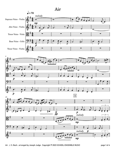 Air by Bach for String Quartet in Schools (arr. Joseph Judge)