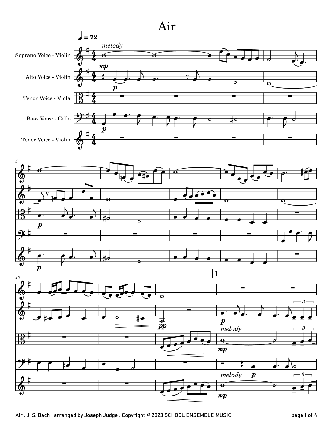 Air by Bach for String Quartet in Schools (arr. Joseph Judge)