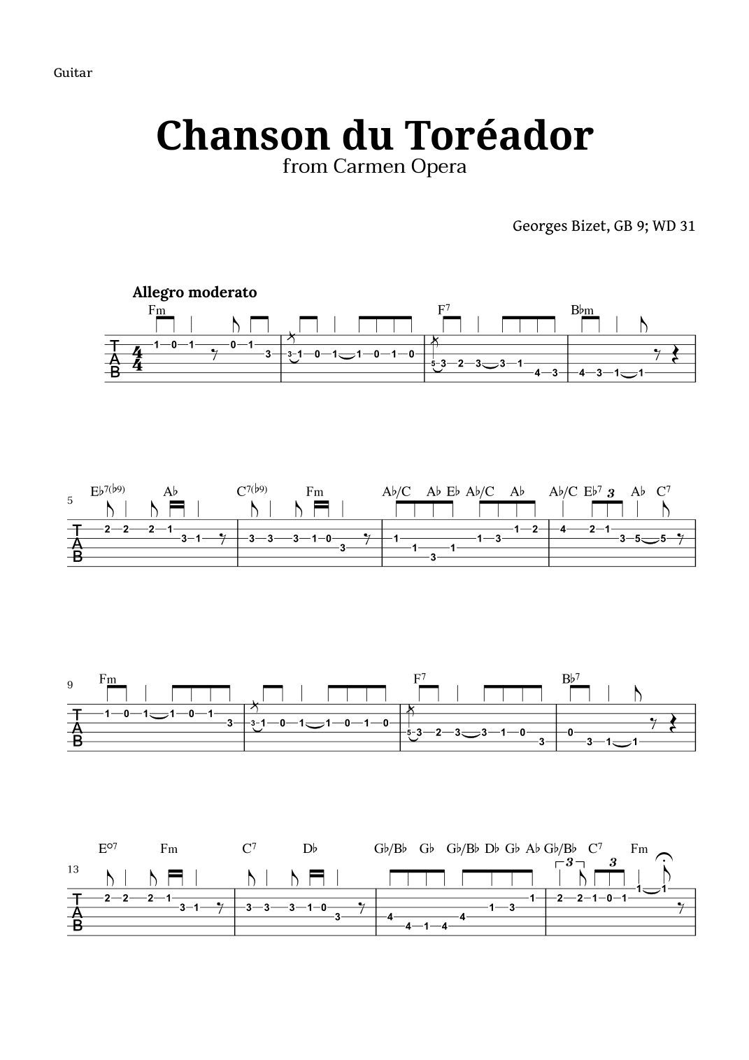 Chanson du Toreador by Bizet for Guitar TAB (arr. Langanho)