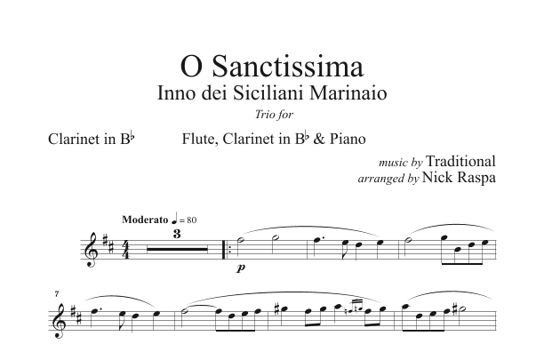 O Sanctissima (Flute, Clarinet & Piano) B Flat Clarinet part (arr. Nick Raspa)