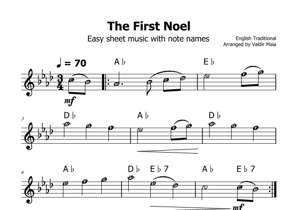 The First Noel - (Ab Major - with note names) (arr. Valdir Maia)