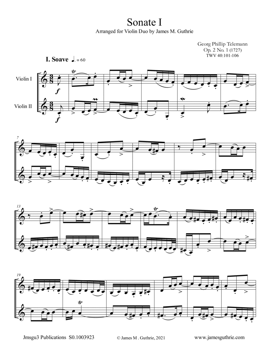 Telemann: Sonata Op. 2 No. 1 for Violin Duo (arr. James M. Guthrie)